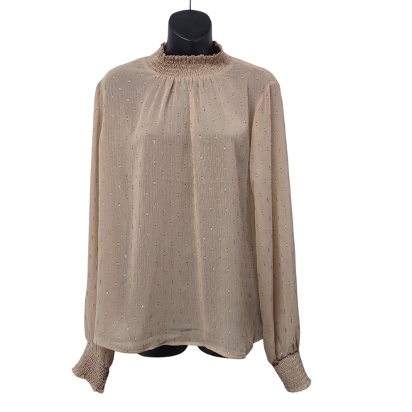 Express Tops - Express Women's Top Blouse Tan Cowl Neck Elastic Cuff Sheer Size L